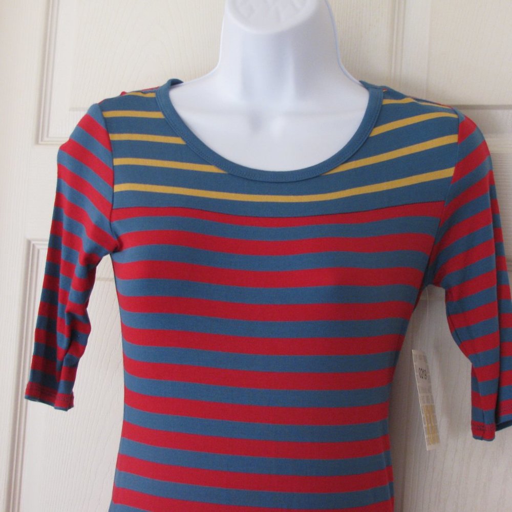LuLaRoe Julia Dress XXS 2XS NWT $35 Red with Blue Stripes Bodycon - Picture 2 of 4